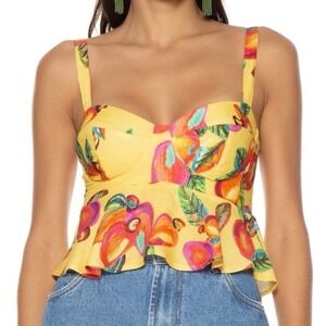 Farm Rio Floral Crop Blouse Tank Top Size XL Yellow Smocked Ruffle Tropical